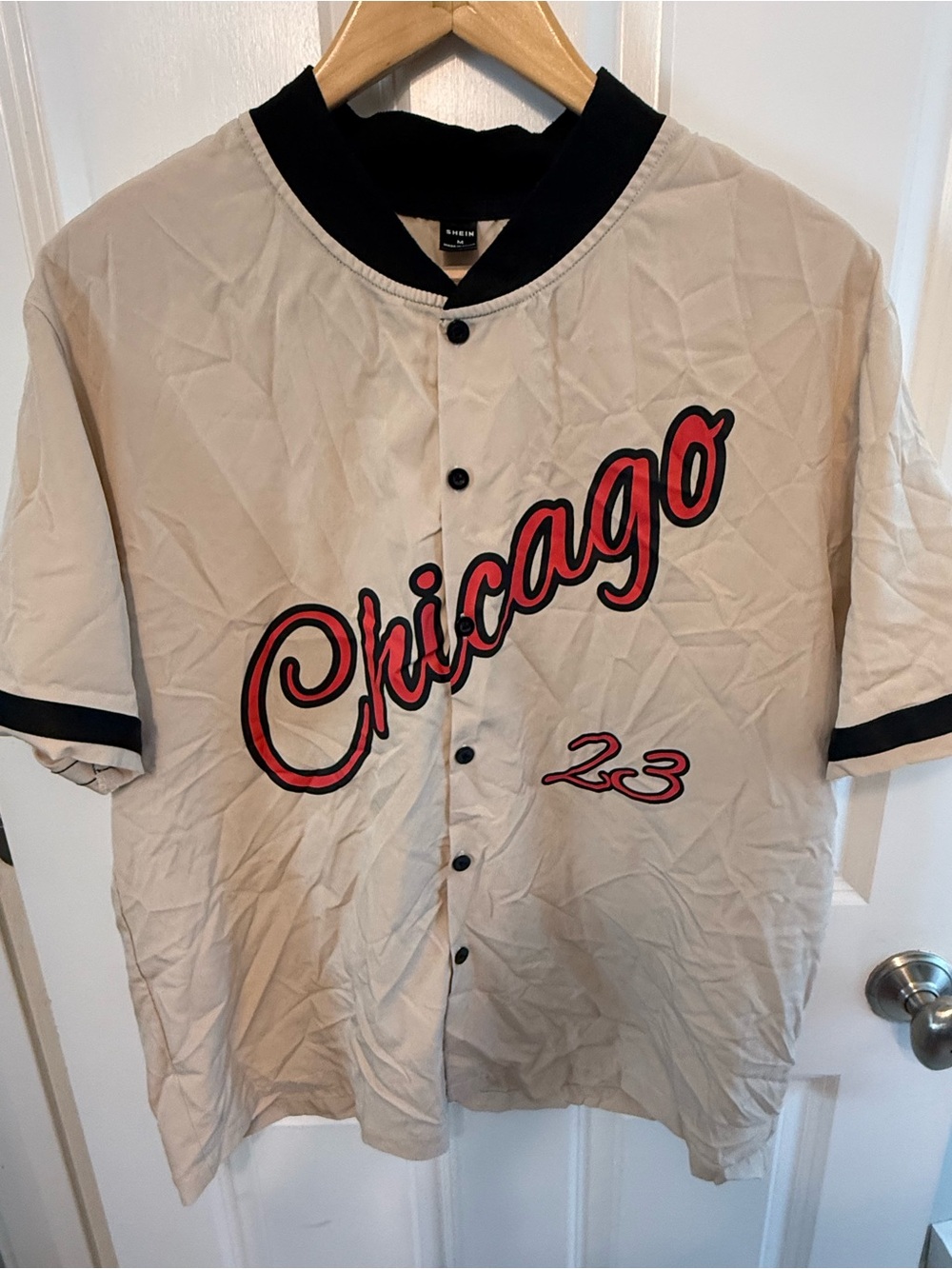 SHEIN Beige Baseball Jersey with Black Trim & Red Script